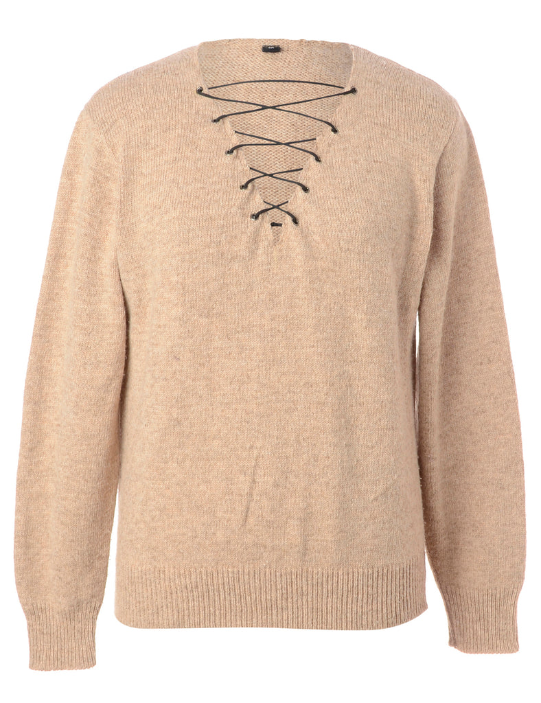 Beyond Retro Label Label Light Brown Lace Up Jumper