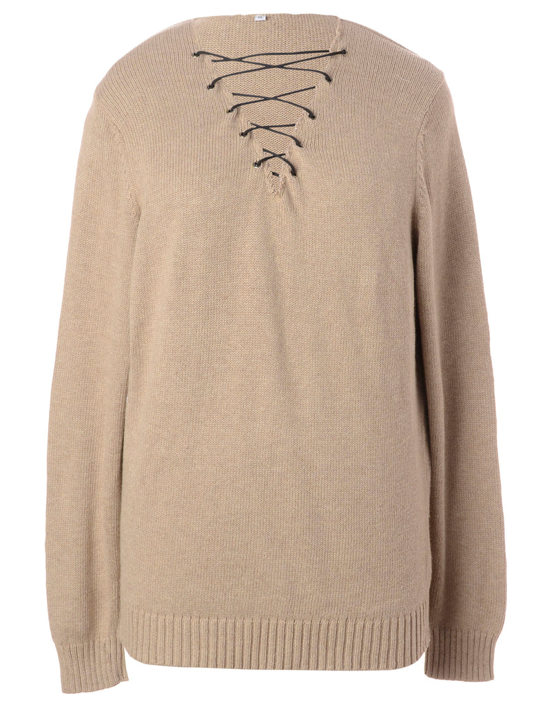 Beyond Retro Label Label Light Brown Lace Up Jumper