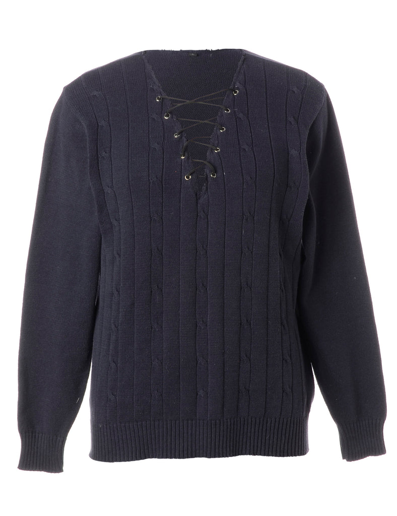 Beyond Retro Label Label Navy Lace Up Jumper